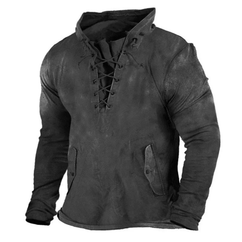 Men's Summer Tactical Long Sleeve T-Shirt Outdoor Retro Lace Up Hooded Cool Tops Plus Size Printed Hiking Fishing Hoodie Men