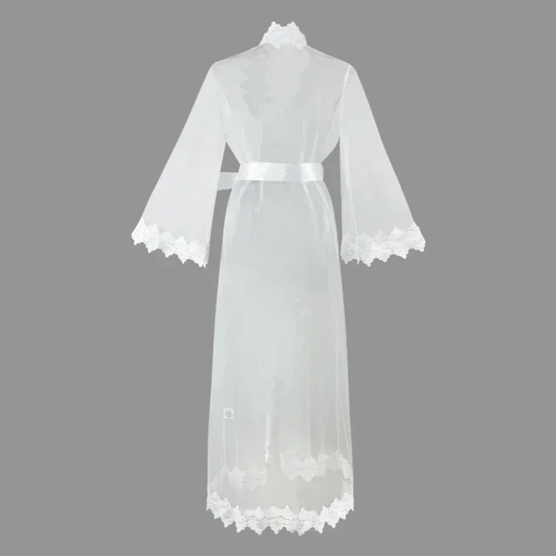Summer Mesh Lace Night Dress Transparent Sunscreen Cover Up Sheer Sensual Cardigan Robes Nightwear Women Long Sleeve Pajamas
