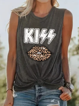 Women's KISS Leopard print lip print Print Sleeveless Vest White T-shirt Tshirts Creativity Streettshirt Individual Casual Cloth 1