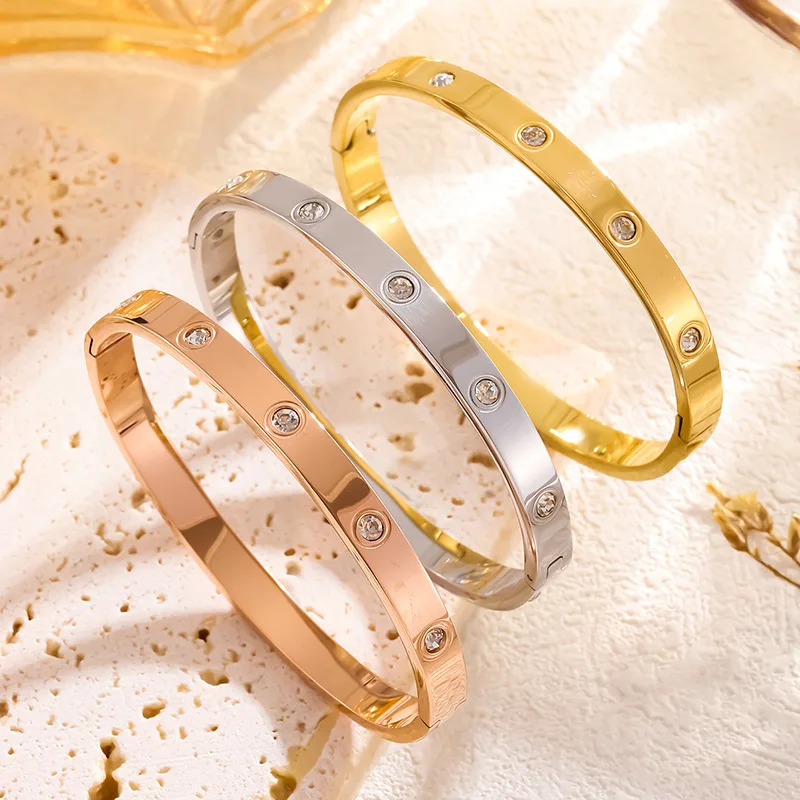 Bangle Bracelet Fashion Stainless Steel Plated 18K Ten Diamond Oval Gold Silver Women Couple Holiday Gift Party Daily Jewelry