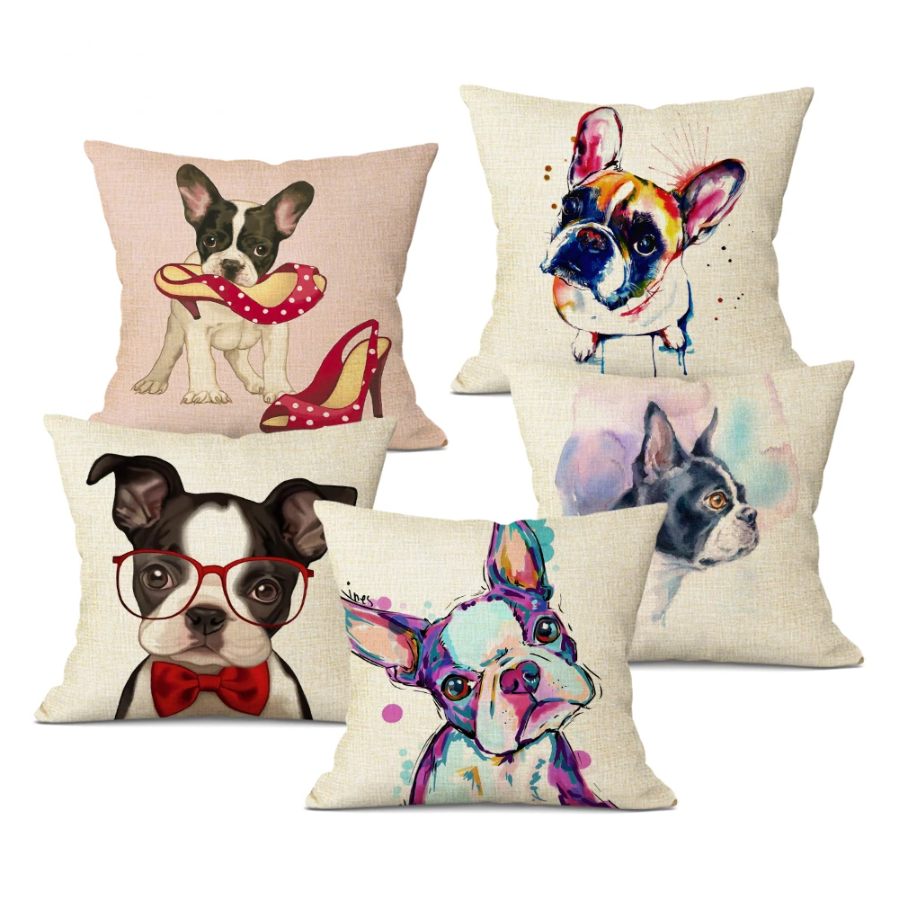 

4PCS/SET French Bulldog Pug Dog Cushion Cover Cute Cartoon Dog Printing Pillowcase Linen Sofa Home Decor Pillow Covers
