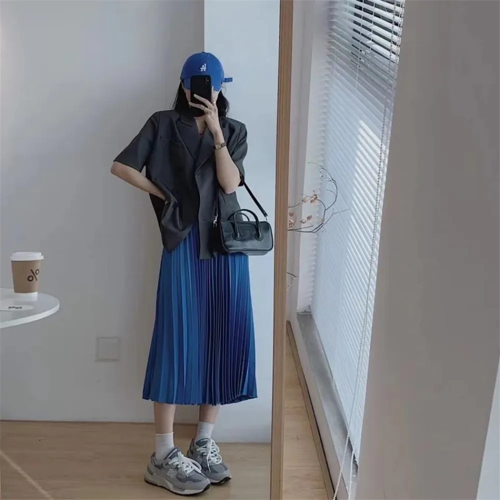 

Korean Candy Color Drape Pleated Skirt Women Spring Summer Ol Loose High Waist Slim Temperament Large Swing Umbrella Long Skirts