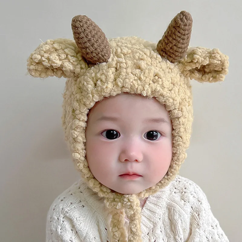 Infant Toddler Baby Girls Hats Fleece Sheep  Animal Winter Fleece Pom Pom Animal Character Cartoon Caps Boy Wind Proof Hemlet 3