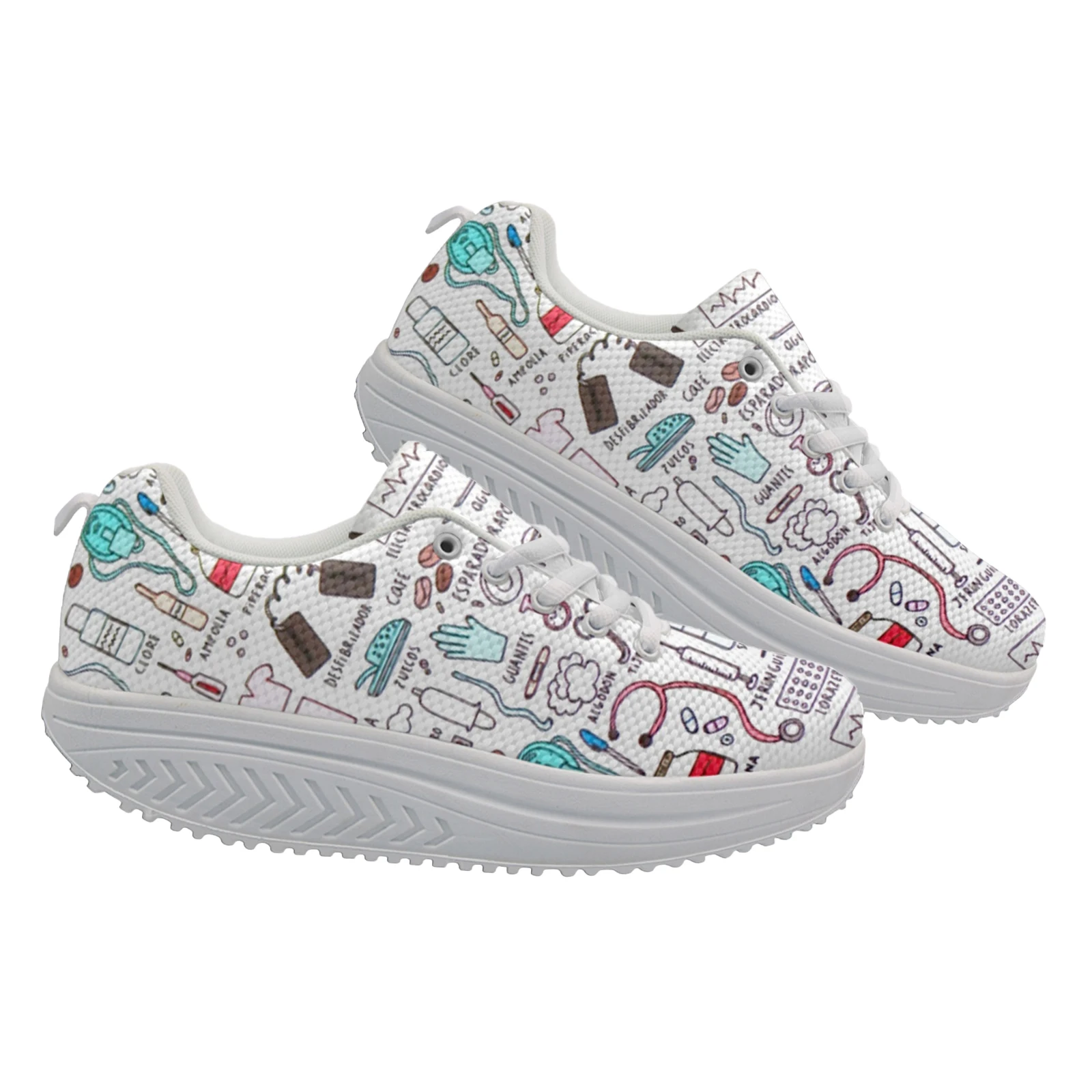 INSTANTARTS Cute Cartoon Nurse Pattern Running Shoes for Women 2024 Mesh Breathable Sneakers Lace Up Wedge Platform Shoes Ladies