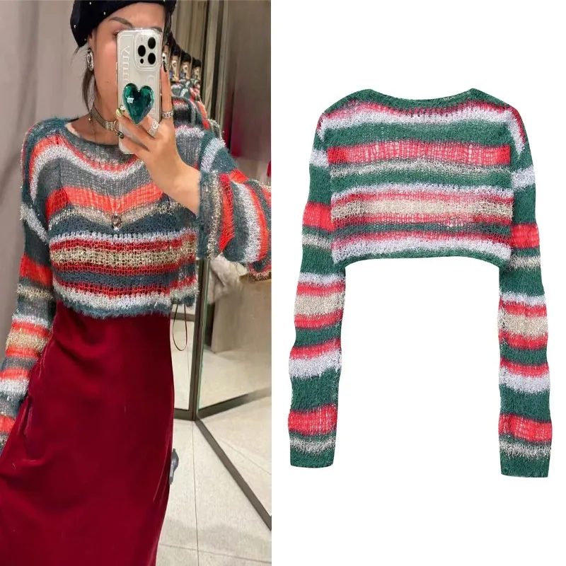 

TRAF Striped Knit Sweater For Women Long Sleeves Crop Pullovers Woman Elegant Round Neck New Knitwears Female Autumn Loose Tops