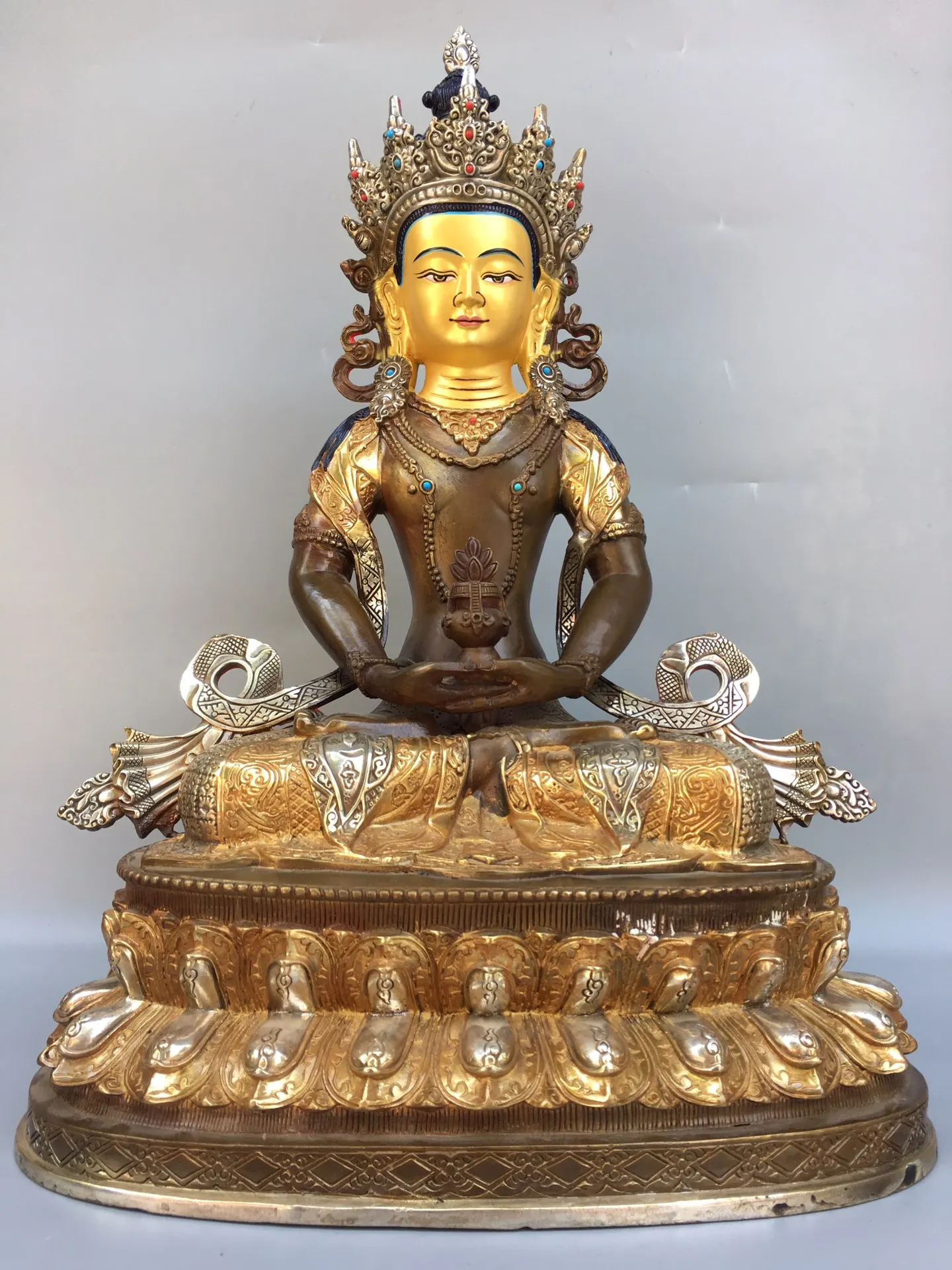 

19"Tibetan Temple Collection Old Bronze gold face Painting Longevity Buddha lotus platform Sitting Buddha Town house
