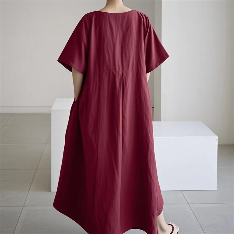 Hochgeschnittene Modische Übergröße-Kleider für Damen Baumwolle Leinen Locker Lässig O-Ausschnitt Pullover-Kleid Einfarbiges Plissiertes Kleid – Detail 13