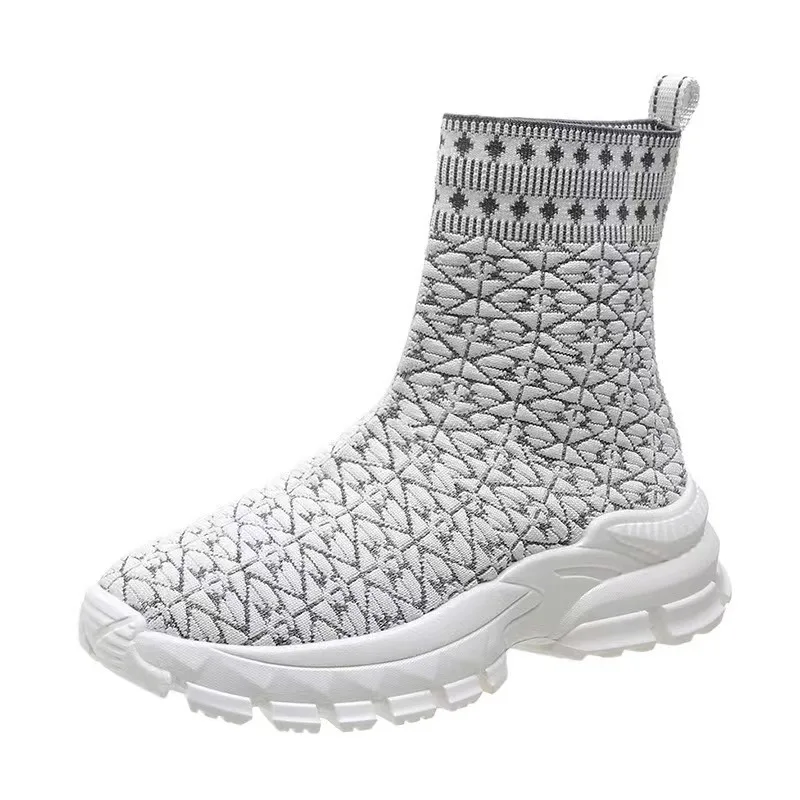 

2023 New Spring Women Wedge Heels Ankle Boots Thick Bottom Knit Stretch Comfortable Ladies Sneakers Unique Design Short Boots