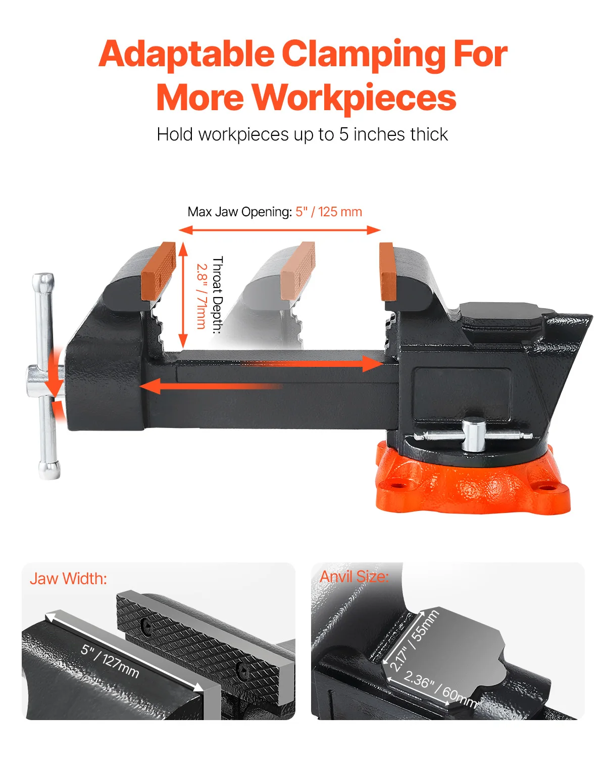 SucceBuy Bench Vise 5"/5.5"/8" Jaw Width Multipurpose Vise 360&deg; Swivel Locking Base Anvil for Clamping Round Pipe