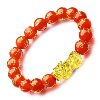 여성용 진짜 순금 999 금 팔찌, 아기 용손 행운의 픽시우 레드 마노 8mm 구슬 팔찌 선물, 6 수트라 구슬