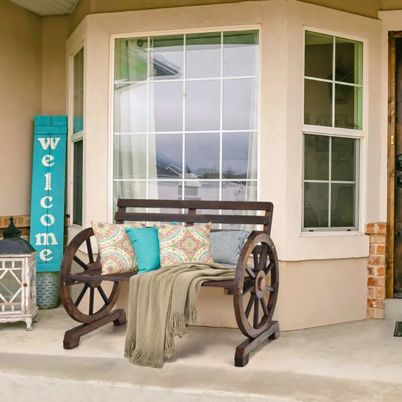 2 Person Outdoor Wooden Wagon Wheel Garden Bench Park Garden Bench Lounge Chair Outdoor Garden