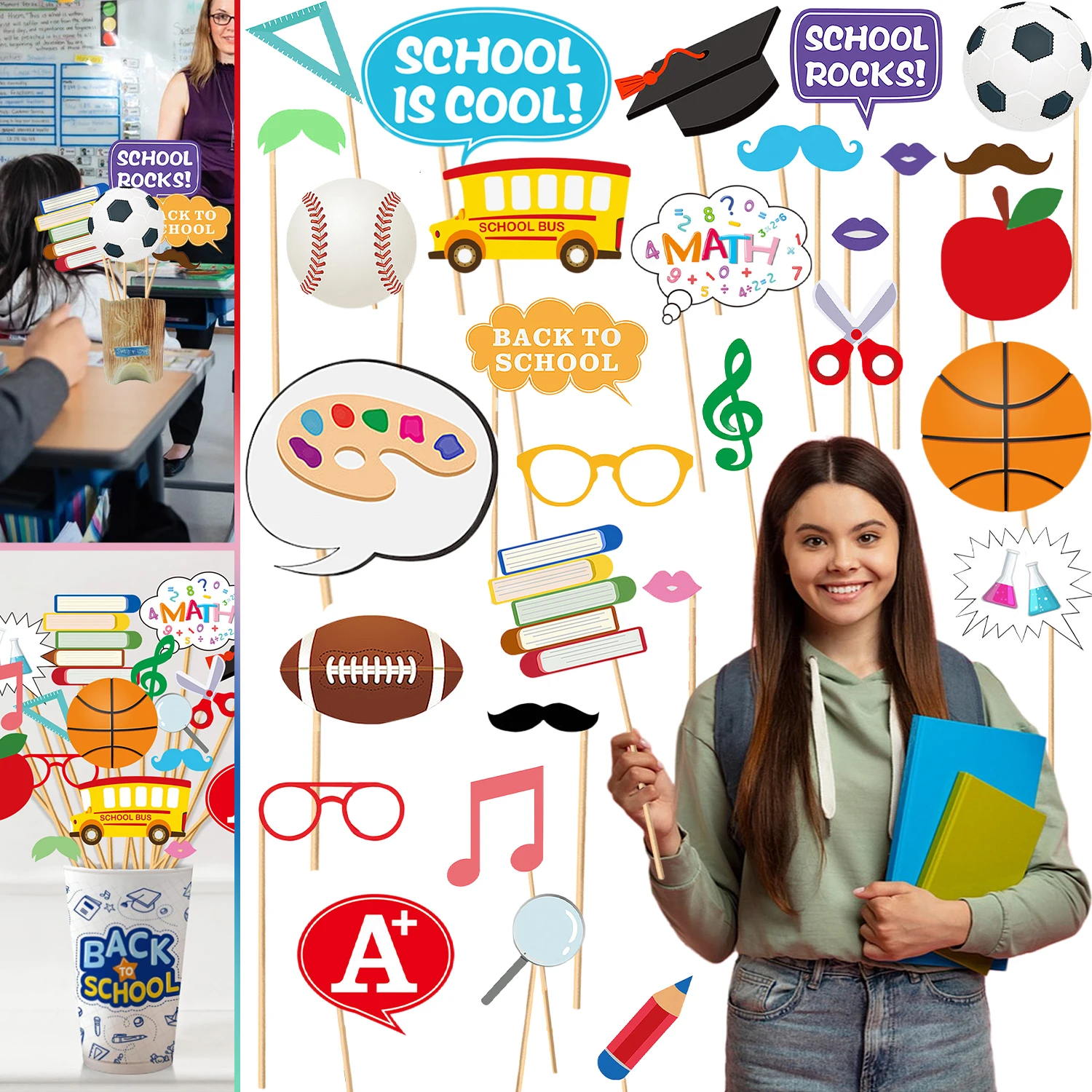 30PCS Back To School Party Fun Photo Booth Props First Day of School Themed Party Decoration Supplies for Kids Preschool