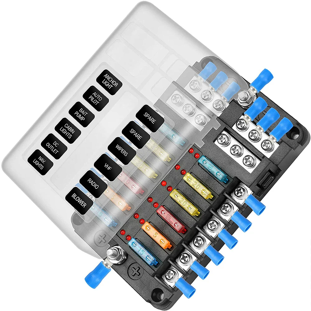 12V 24V 6 웨이 12 웨이 블레이드 퓨즈 박스 홀더, 자동차 보트 퓨즈 홀더 블록 전원 패널 보드 캠핑 RV 트럭 액세서리 세트