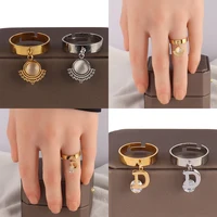 Heart Charms Ring Stainless Steel Ring For Women Adjustable Open Ring Trendy Zircon Letter Cross Pendant Rings Jewelry 2