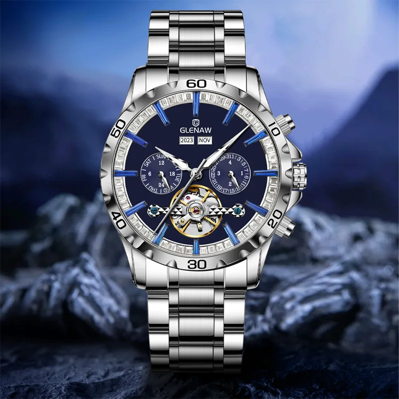 2024 GLENAW Men's Mechanical Watch Original Skeleton Waterproof Luminous Stainless steel Date Automatic Watch for Men Luxury