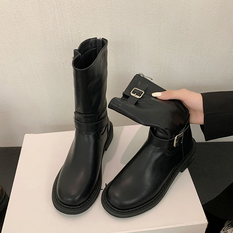 

Винтажные металлические искусственные ковбойские сапоги, рыцарские Сапоги на молнии с круглым носком и квадратным каблуком, пикантные женские сапоги большого размера