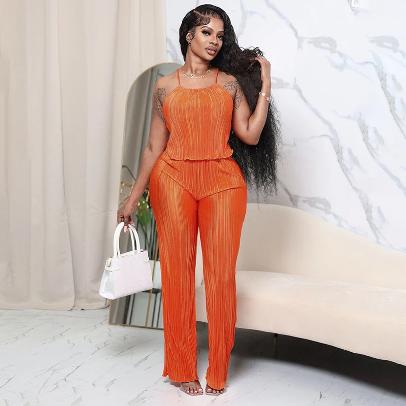 

Trendy Summer Fashion Pleated Two Piece Set Women Outfits Sexy Solid Camisole and Wide Leg Pants Set Two Piece Suit