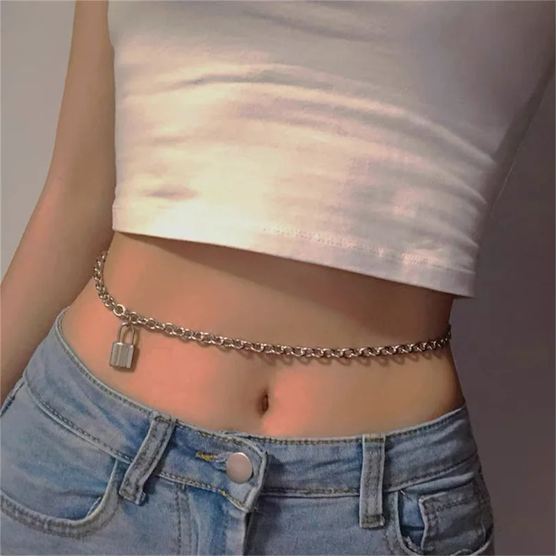 

Fashion Titanium Steel Lock Pendant Waist Chain Adjustable Spice Girls Body Chain Punk Style Hip Hop Pants Chain Waist Chain