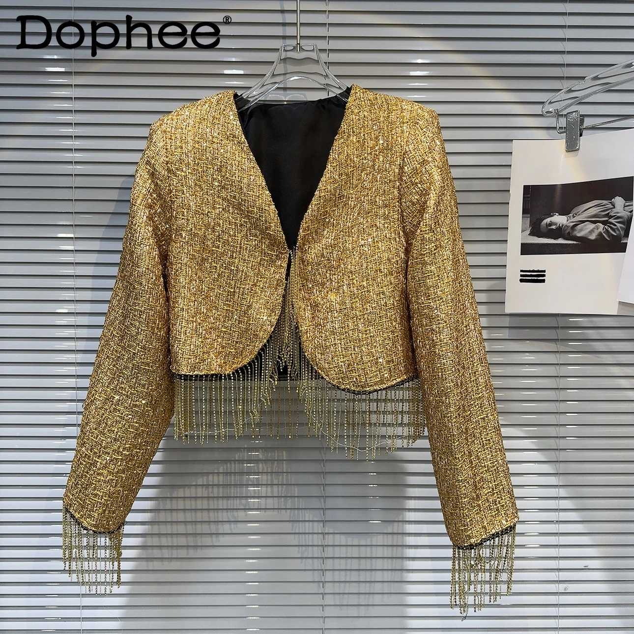 

2024 Spring Women's Gold Coat Classic Style Rhinestone Chain Tassel Bright Silk Fabric Padded Shoulder Business Tailored Coat