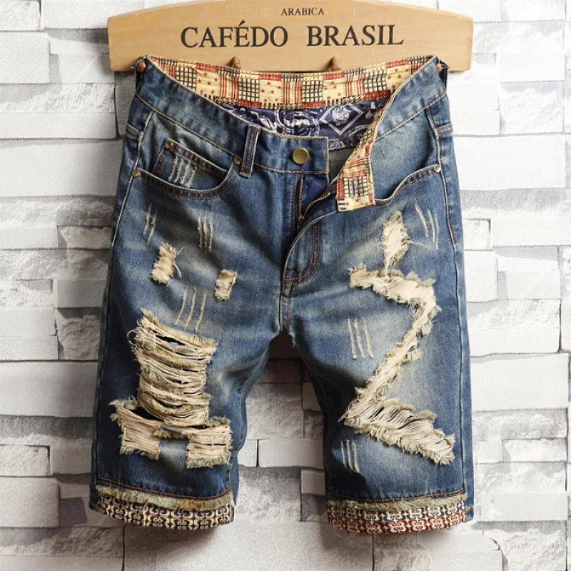 Summer 2024 Men's Ripped Beggar Shorts All-Match Fashion Locomotive Style Fifth Pants Casual Retro Distressed Pirate Shorts