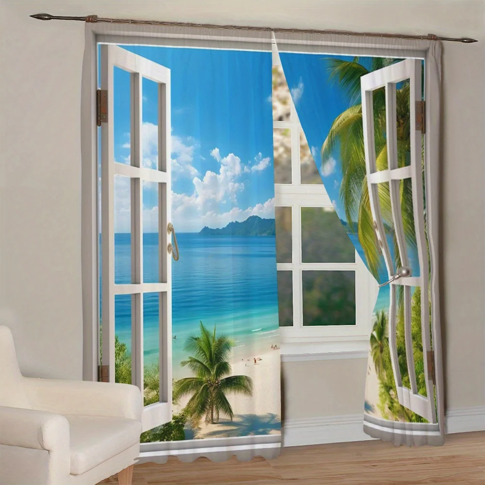 Description Picture 6 of item2pcs Beach Scenery Printed Curtain for Home Decor - Rod Pocket Window Treatment for Bedroom,Office,Kitchen,Living Room,and Study
