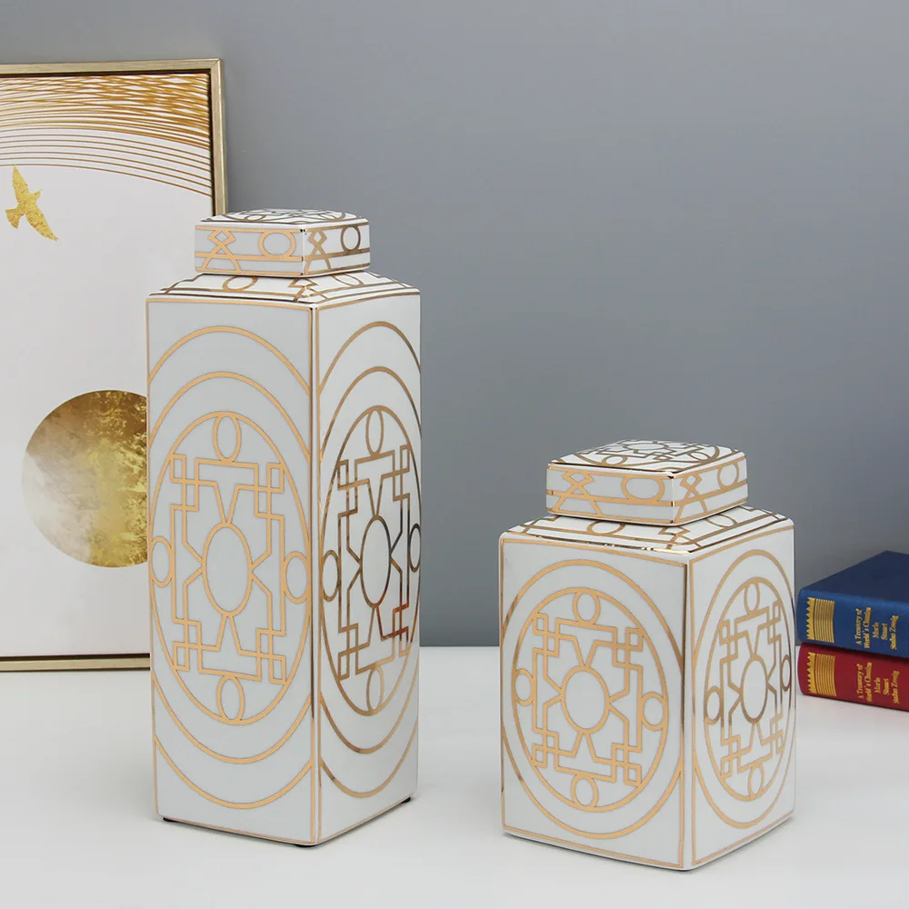 Gold Grain Ceramic Cylinder Tank Airtight Storage Jar General Jar Vase Tissue Box Ceramic Handicraft Ornaments Vintage Bottle 5