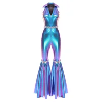 Adult Womens 70s Disco Rompers Lapel V Neck Sleeveless Front Zipper Sequins Bell Bottom Long Pants Jumpsuit Retro Jazz Dancewear