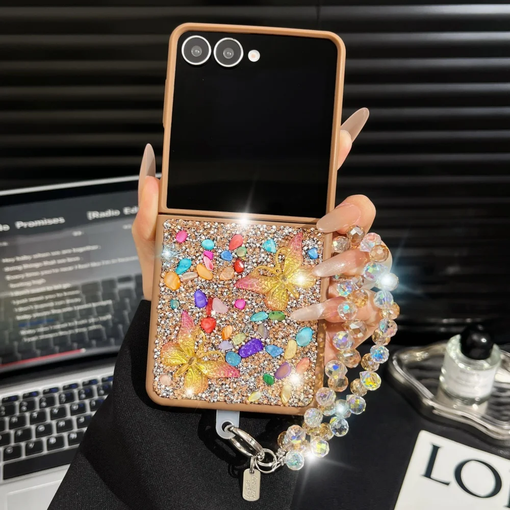 Luxury Full Diamond Phone Case with Colorful Butterfly and Wrist Strap - Shockproof Bling Cover