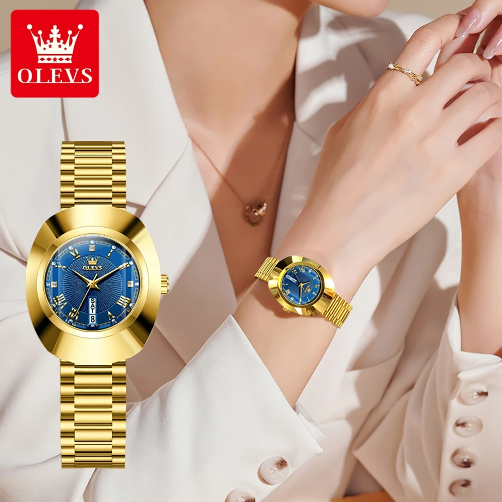 OLEVS Brand Luxury Gold Blue Quartz Watch for Women Tungsten Steel Case Waterproof Fashion Week Calendar Women Wristwatches