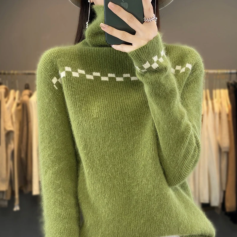 

Autumn Winter Mink Cashmere Thick Sweaters Chic Ladies Cloths Half High Collar Screw Thread Street Casual 2022 New Simplicity