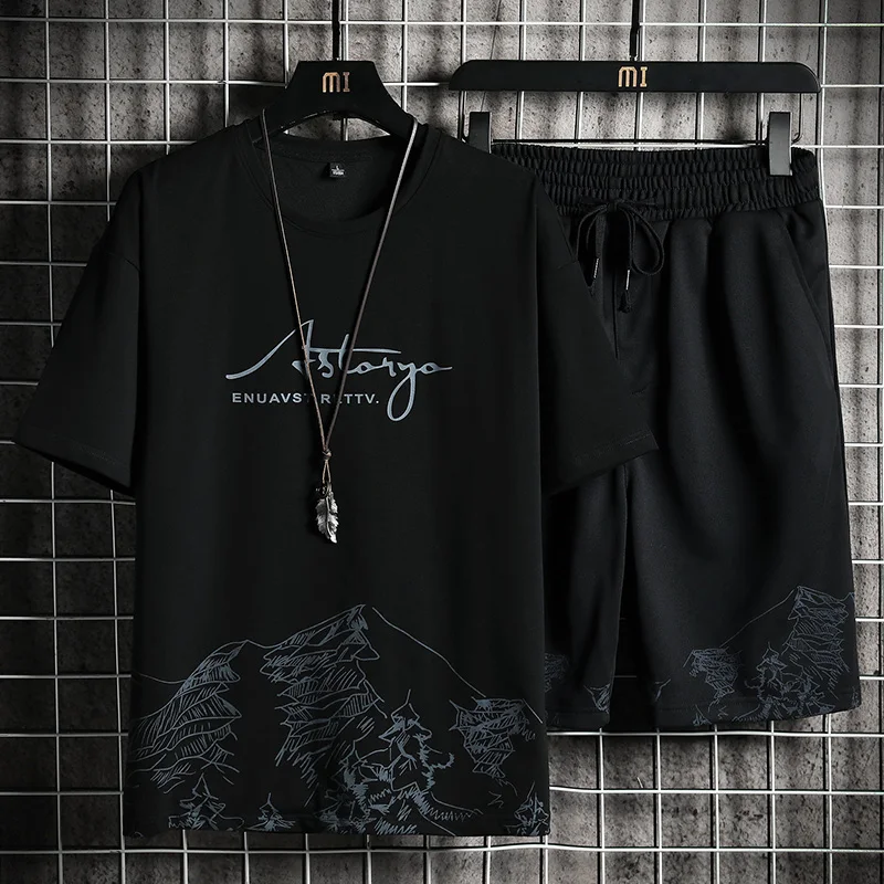 

Men's T-shirt + Shorts Set Summer Breathable Casual T shirt Running Set Fashion Harajuku Printed Male Sport Suit 2023 New
