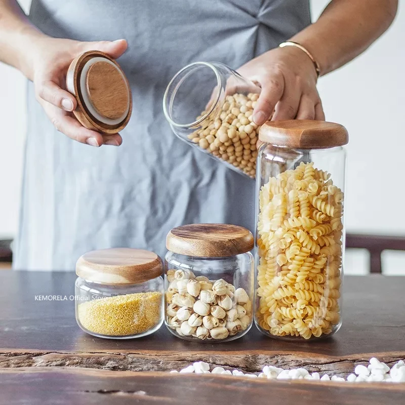 Transparent Acacia Wood & Glass Sealed Storage Jar