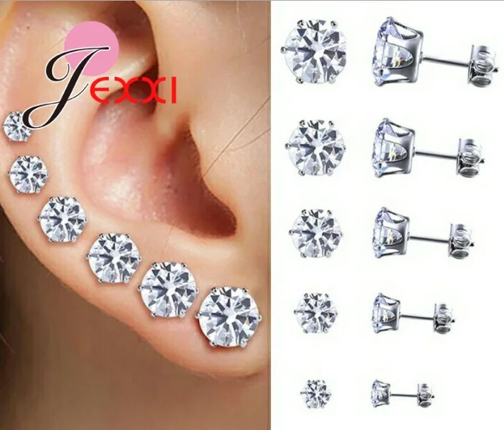 6 Pairs 3/4/5/6/7/8MM Mix Size 925 Silver Needle Rhinestone Claw Setting Simple Classic Stud Earrings for Man Woman Girl Boy 3