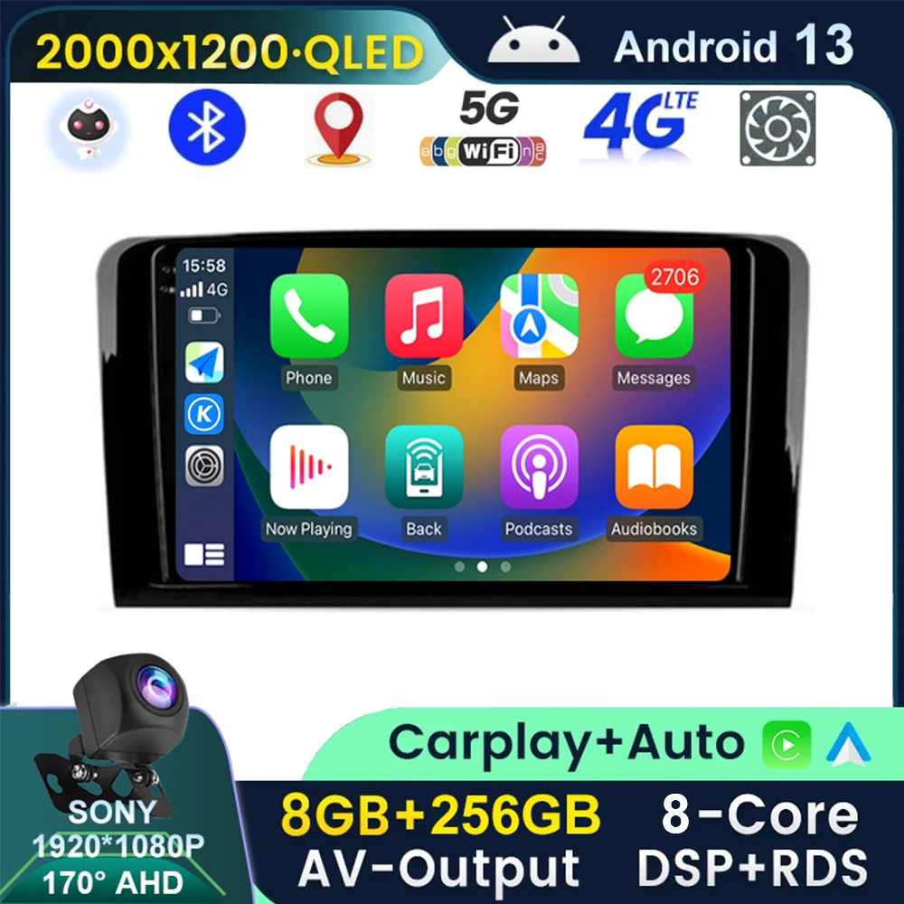 

QLED Android13 для Mercedes Benz Ml 320/Ml 350/W164(2005-2012) Gl автомобильный радиоприемник мультимедийный плеер Carplay стерео автонавигация DSP