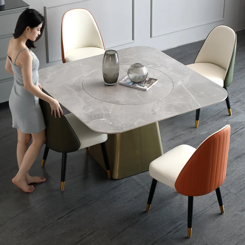 

Rectangular Steel Table Simple Small Apartment Square Turntable Grey Marble Golden Kitchen Table Manger Hotel Furniture FGM
