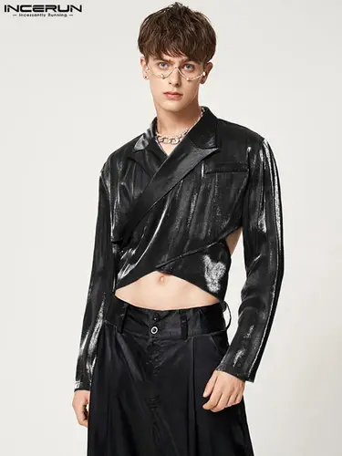 INCERUN 2023 남성 불규칙한 블레이저 솔리드 스트리트 웨어 옷깃 긴 소매 할로우 아웃 크롭 정장, 샤이니 패션 캐주얼 남성 얇은 코트 3