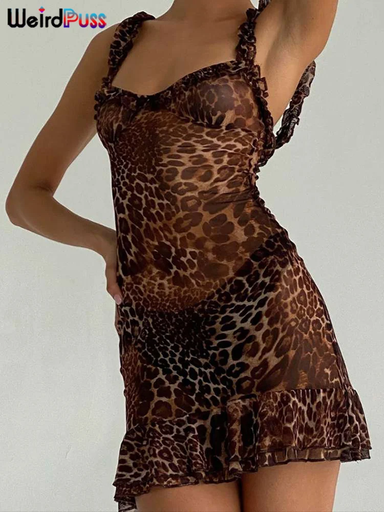 Weird Puss Leopard Print Dress Women See Through Lace V-Neck Sexy Sleeveless Skinny Summer Fashion Chic Ruffle Hem Mini Bodycon 4