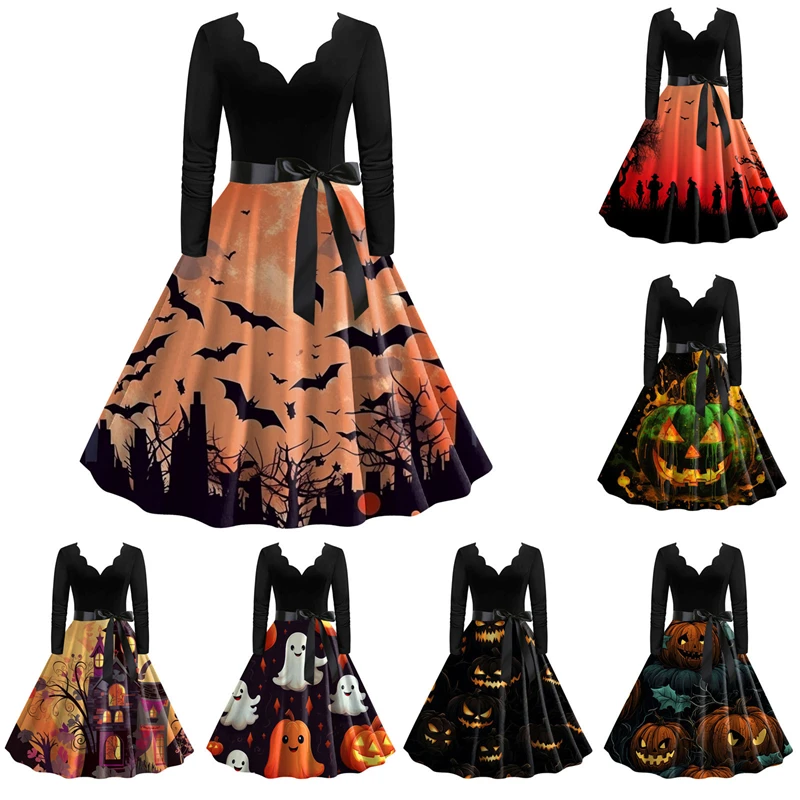 

Halloween Costume Party Dress Short Sleeve Lace Retro Party Dress Skull Witch Horror Halloween Costume Role Playing