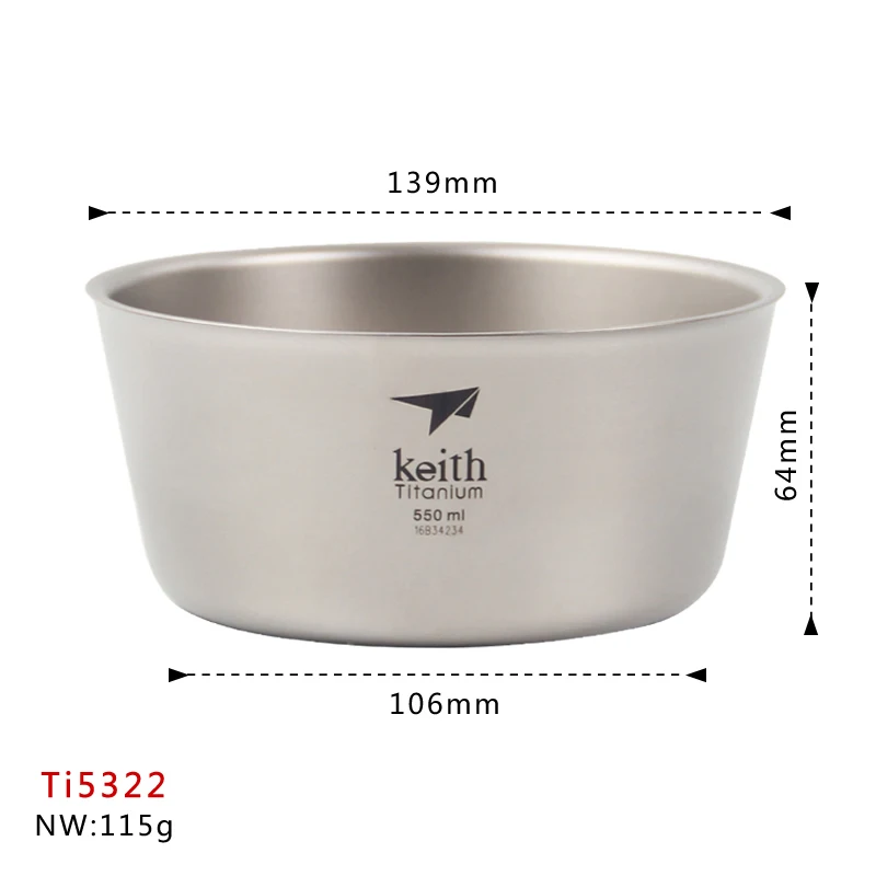 Keith 티타늄 그릇 캠핑 하이킹 피크닉 그릇, 부식 방지 도시락, 샐러드 그릇, 이중벽 식기, 550ml Ti5322
