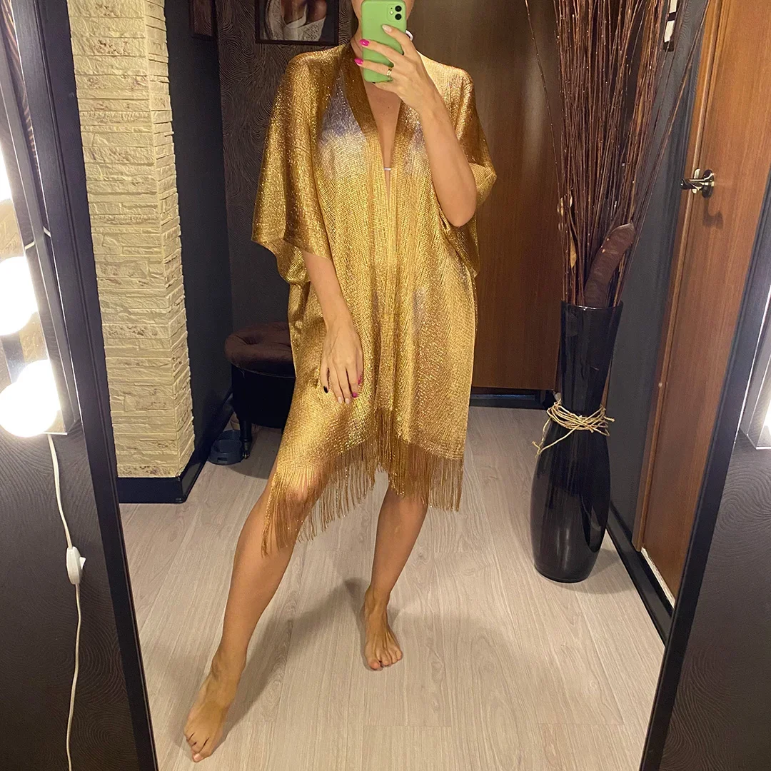 Sexy Fringe Tassel Mesh Sheer Shiny Knitted Tunic Beach Cover Up Cover-ups Beach Dress Beach Wear Beachwear Female Women
