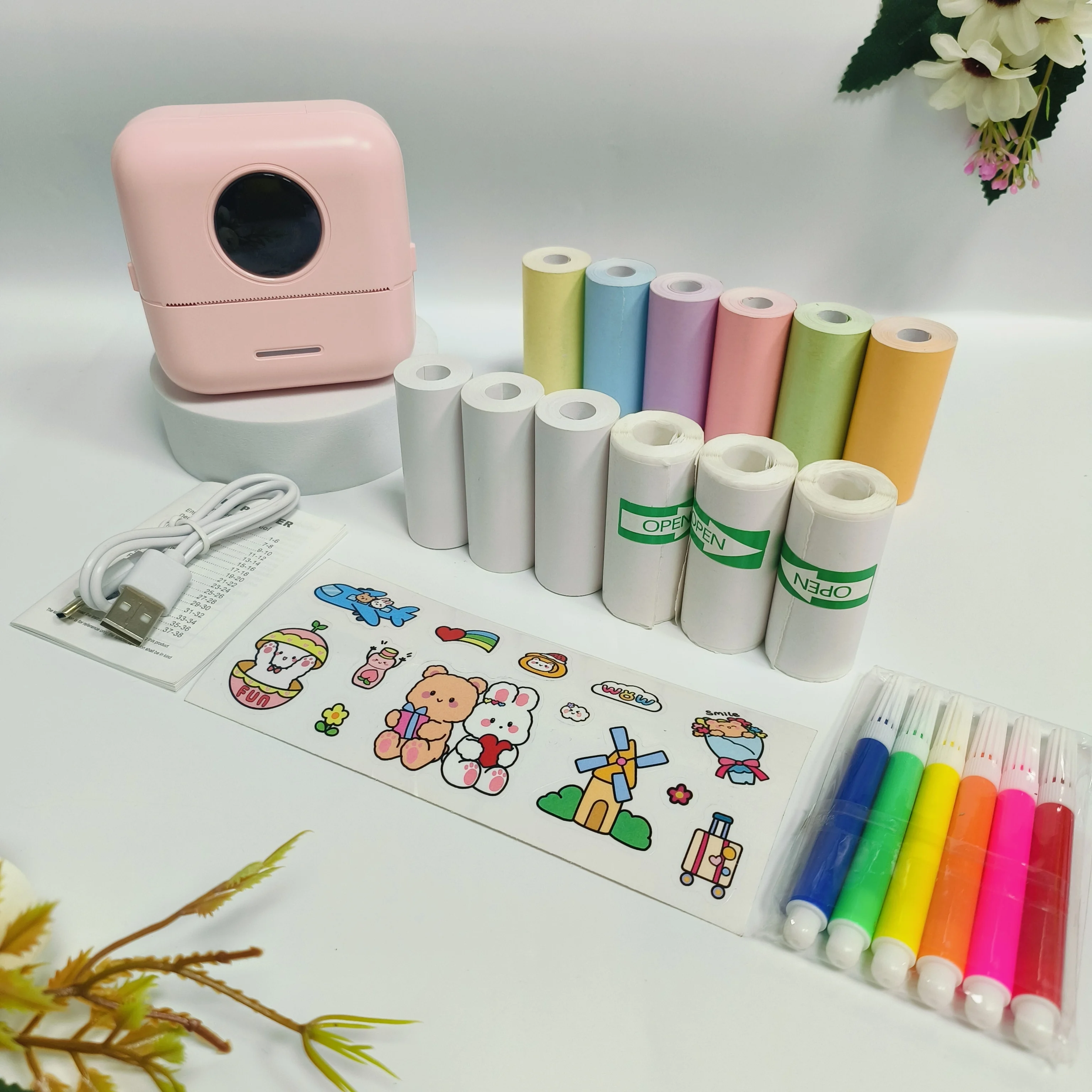 휴대용 포켓 미니 무선 감열 프린터 (6색 감열지 + 3개 스티커 롤 + 3개 감열지 + 6색 펜 포함)