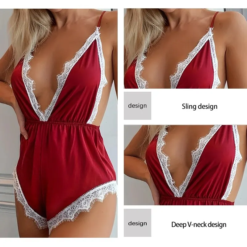 Women Jumpsuit Fashionable Red Suspender Sleeveless Satin Sexy Lace Patchwork Backless