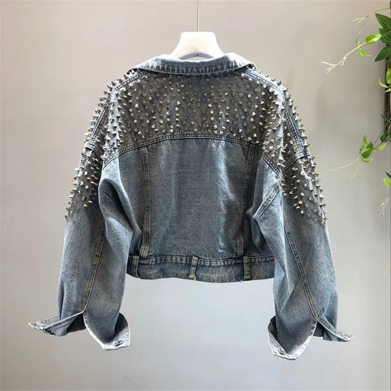 

fashion Rivet Denim Jacket Women Spring Autumn Streetwear Long Sleeve Pockets Ladies Jeans coat Loose Short Outwear Femme R335