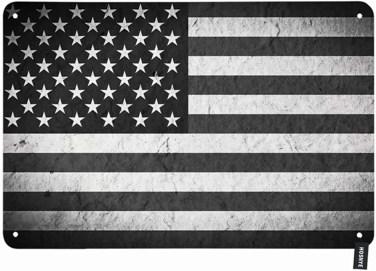 

American Flag Tin Sign Black and White Backdrop with Stars and Stripes Vintage Metal Tin Signs for Men Women Wall Art Decor for