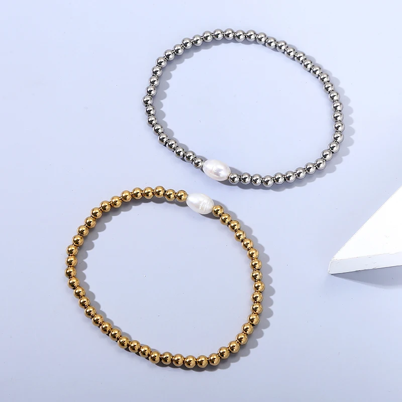High Quality Metal Smooth Bead Stainless Steel Jewelry Waterproof Durable Women's Charm Gift Fresh Water Pearl Elastic Bracelets 3