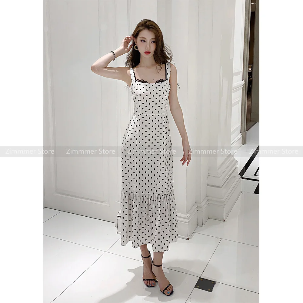 

Lace square neck polka dot suspender dress for women summer French style high-end waist bag hip fishtail long skirt