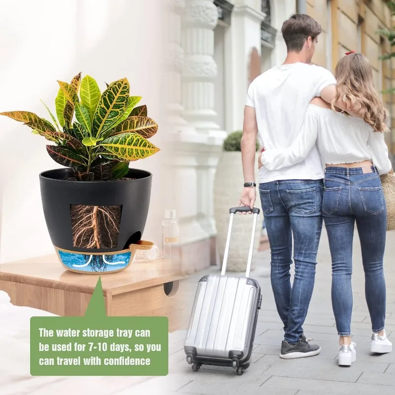 Large Self Watering Pots, 12/10/9 Plastic Planters with High Drainage Holes and Deep Reservoir 6