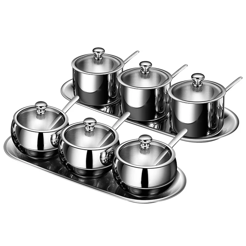 

Stainless Steel Salt Cellar Sugar Bowl Pepper Spice Condiment Pot Seasoning Storage Container with Lid and Spoon Kitchen Suppies