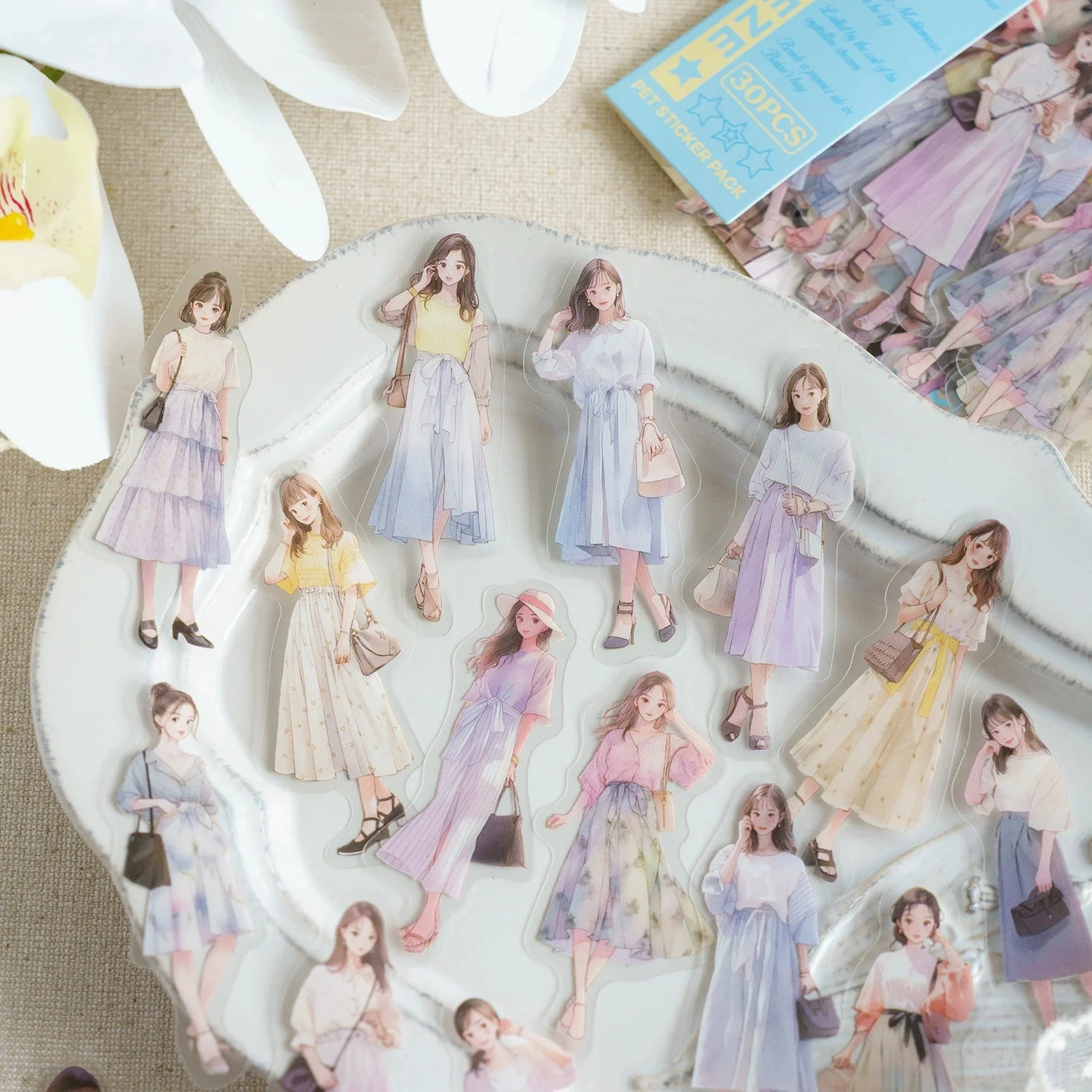 30개/팩 롱 홀리데이 시리즈 PET 스티커 팩, 우아한 소녀 테마, 저널 DIY 데코 스티커에 적합