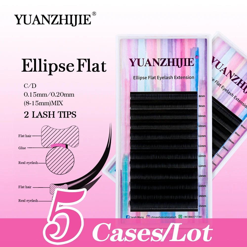 New Arrival YUANZHIJIE 5cases/lot Matte Black Flat Eyelash Extension Wholesale False Ellipse Split Tips Soft Faux Mink Eyelash aguud ellipse super flat matte lashes soft split tips ellipse false eyelash dark black individual faux mink flat lash extensions